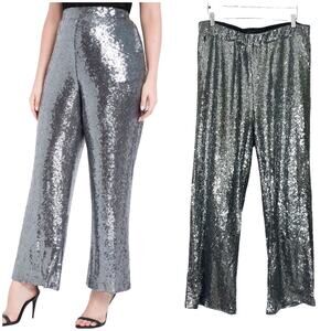 Eloquii | Sequin Gunmetal Silver Plus Size Pull On Sparkle Wide Leg Pants 16 1X